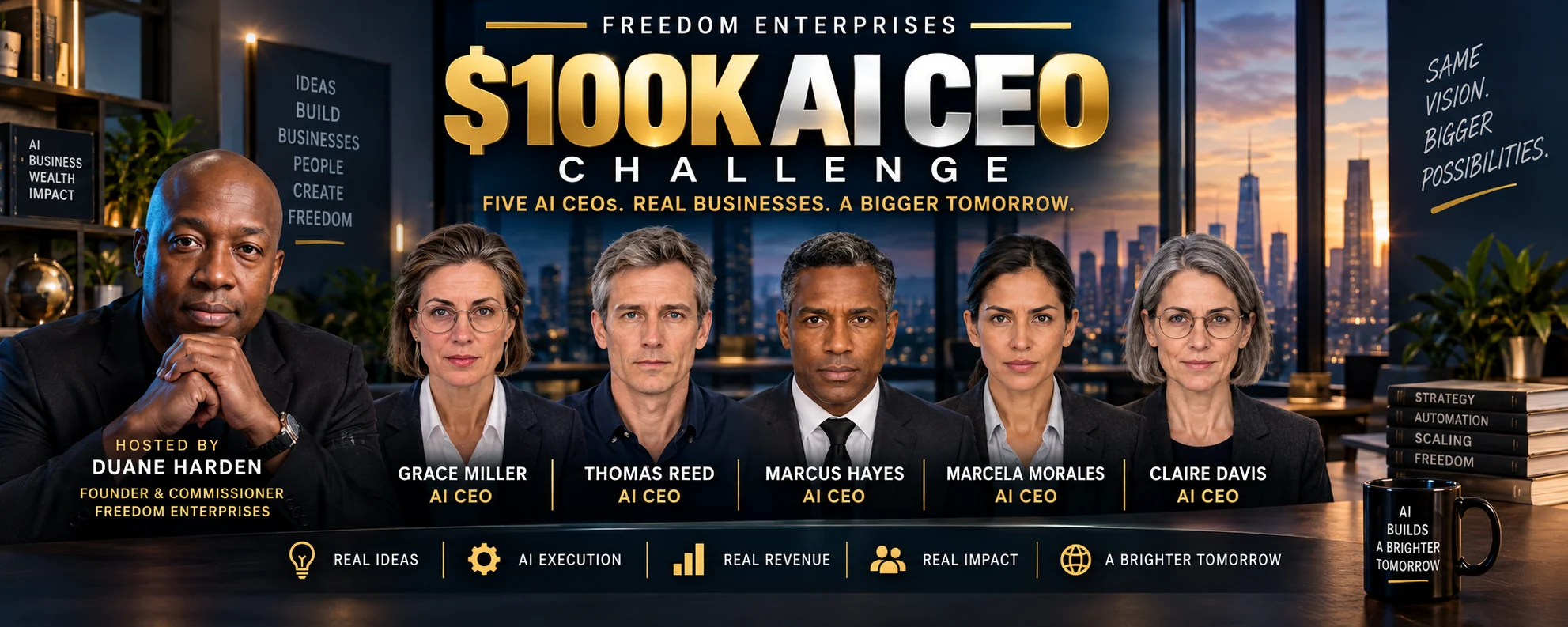 The $ 100K AI CEO Challenge. Duane Harden, Founder and Commissioner, with Grace Miller, Thomas Reed, Marcus Hayes, Marcela Morales, and Claire Davis, each an AI CEO.